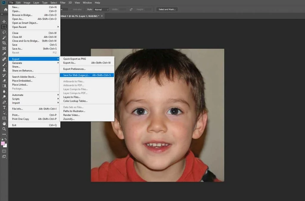 เมนู File → Export → Save for Web (Legacy) ใน Photoshop สำหรับเตรียมภาพลงเว็บไซต์