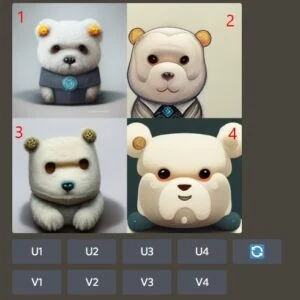 ภาพหมีสี่แบบที่ Midjourney สร้าง พร้อมปุ่มเลือก U1–U4 และ V1–V4
